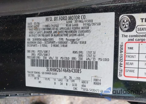 2006 Lincoln Zephyr from USA, damaged, VIN 3LNHM26146R643085